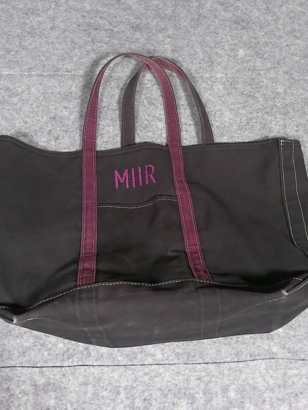 VTG LL Bean Boat And Tote XL Black Canvas Purple Handles Made USA Monogram MHR